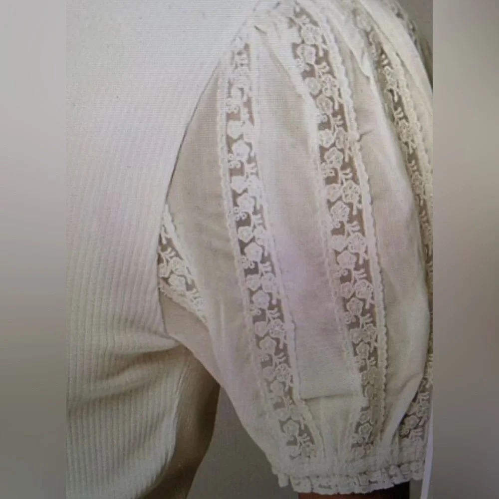J. Crew Vintage Rib Top with Lace Puff Sleeves in Natural